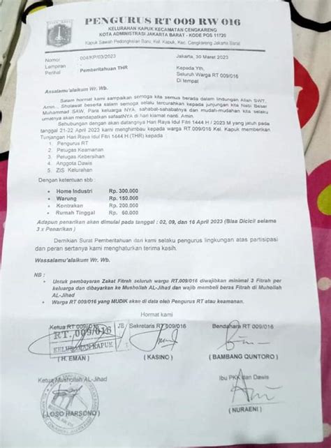 Viral Surat Edaran Rt Ke Warga Minta Thr Di Cengkareng Pemkot Turun Tangan