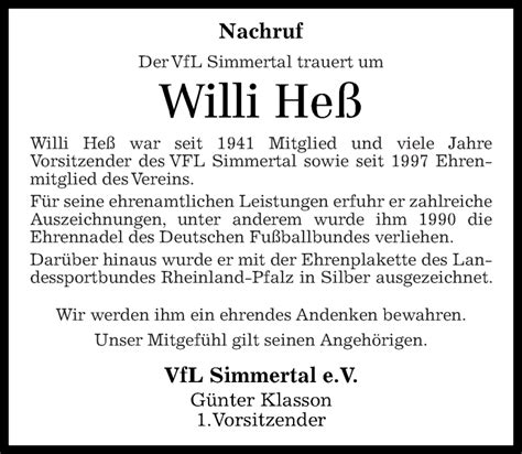 Traueranzeigen von Willi Heß rz trauer de