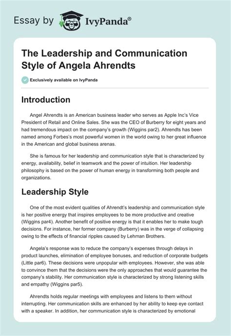 The Leadership and Communication Style of Angela Ahrendts - 834 Words | Essay Example