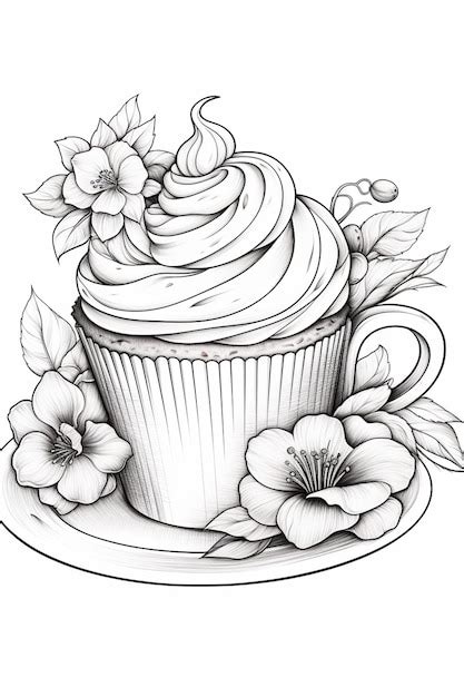 Premium Photo A Drawing Of A Cupcake With Frosting And Flowers On A