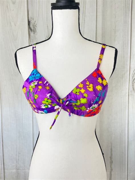 Vintage Bikini Set Swimsuit Purple Floral Bikini Top Gem