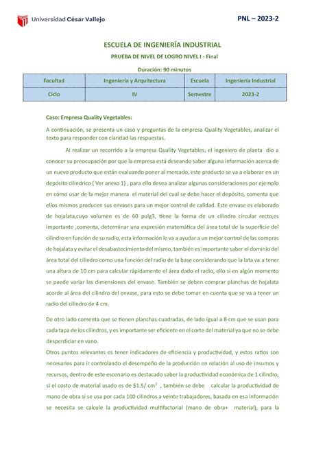 Pnl Tarea Escuela De Ingenier A Industrial Prueba De Nivel De