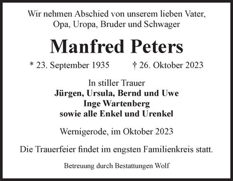 Traueranzeigen Von Manfred Peters Abschied Nehmen De