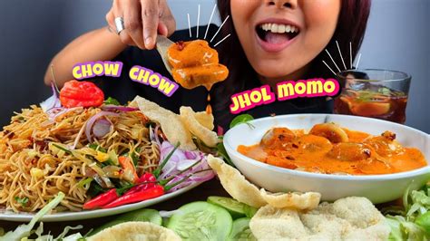 EATING SPICY CHOWMEIN JHOL MOMO MUKBANG STREET FOOD MUKBANG CHOW