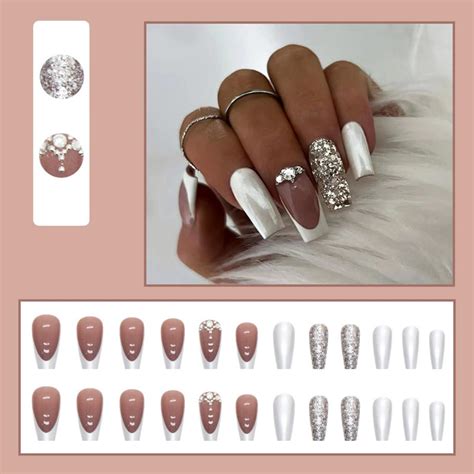 JUSTOTRY 24 Pcs Glitter French Press On Nails Milky White Diamond