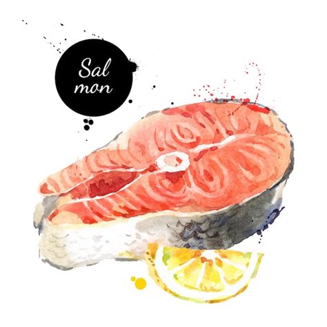 Premium Vector Watercolor Hand Drawn Piece Of Salmon Fish And Lemon