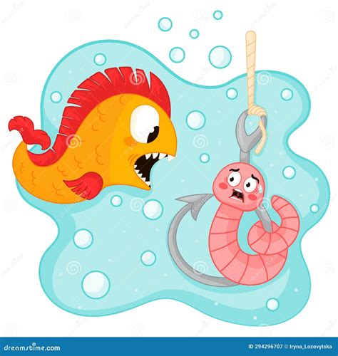 Cute Cartoon Scared Earthworm Character Sitting On A Fishing Hook Under