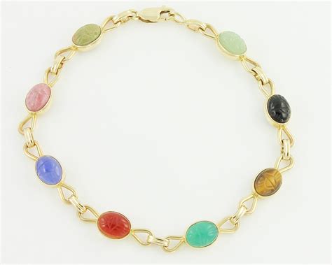 14k Multi Gem Scarab Bracelet 1960s 14k Yellow Gold Egyptian Revival