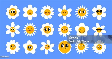 Schirme Mit Niedlichen Gesichtern Cartoon Illustration Set Stock Vektor