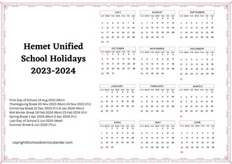 Hemet Unified School District Calendar Holidays 2023-2024