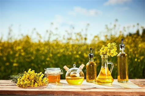 Canola De Las Botellas De Aceite De Rabina En Campo De La Violaci N Del