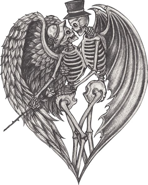 Fantasy Couple Angel And Devil Skulls Hand Drawing And Make Graphic