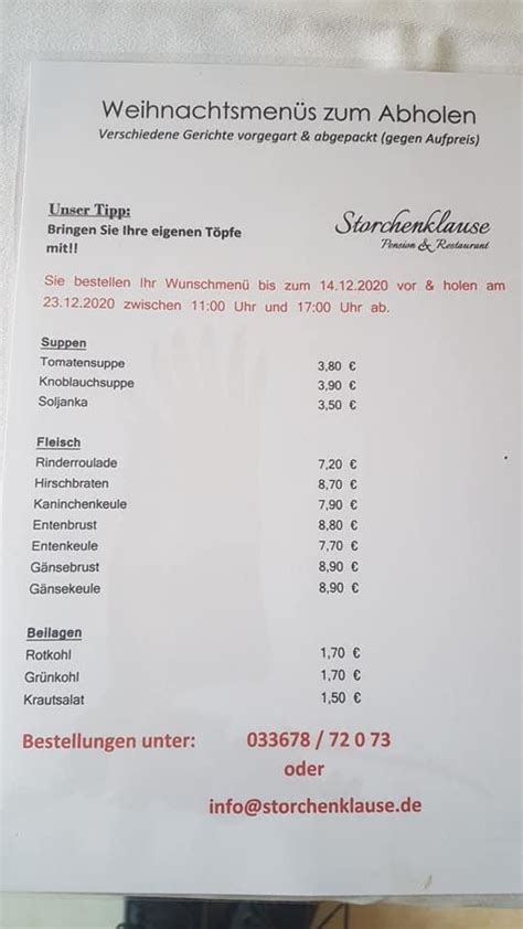 Speisekarte Von Storchenklause Restaurant Storkow Mark