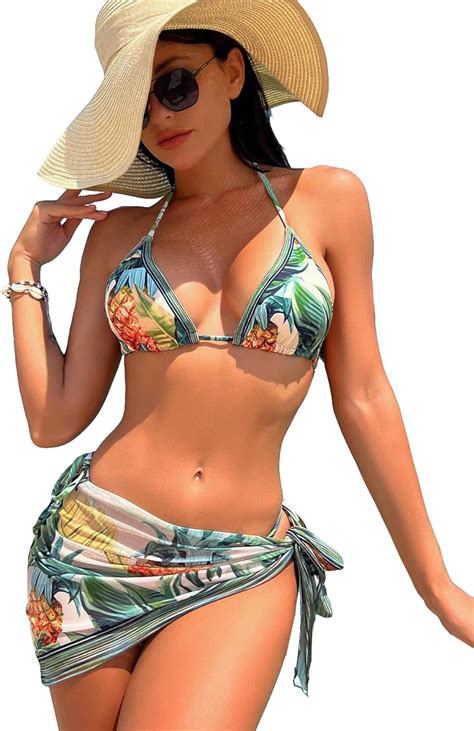 Verdusa Womens Swim Vcay Tropical Print Halter Triangle Bikini Swimsuit With Beach