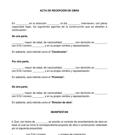 Acta De Recepci N De Obra Modelo Formato Word Y Pdf