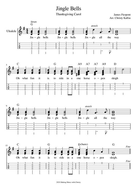 Jingle Bells Ukulele Finger Style With Tab And Chords Arr Christy Kalfas By James