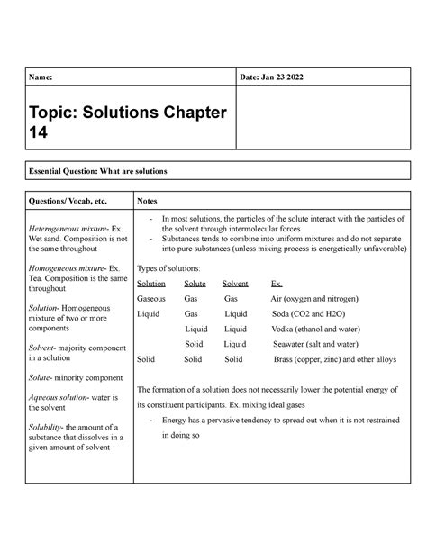 Chemistry 132 Total Notes Name Date Jan 23 2022 Topic Solutions