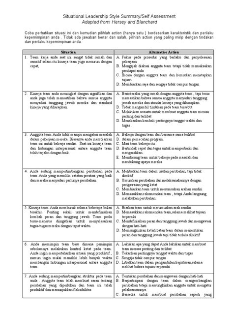 Situational Leadership Self Assessment Kuesioner Pdf