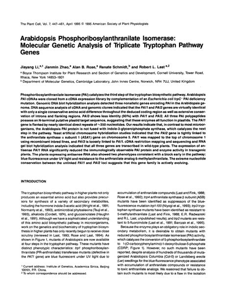 Pdf Arabidopsis Phosphoribosylanthranilate Isomerase Molecular