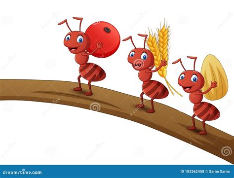 Ant Cartoon Carrying Fruit Oats And Seeds On Tree Trunk Stock Vector