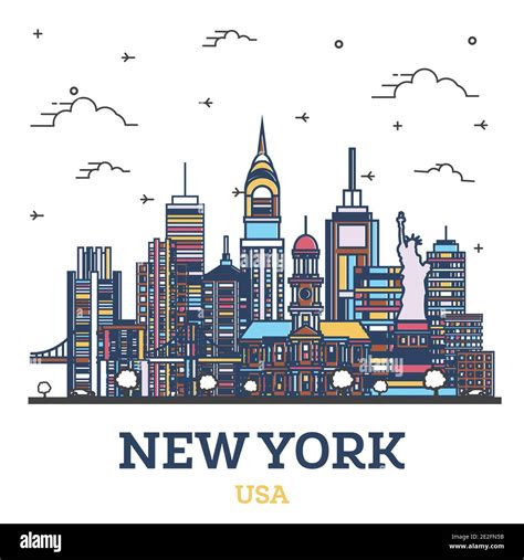 Outline New York Usa City Skyline With Modern Colored Buildings