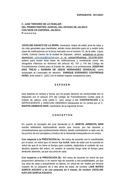 Contestación Demanda De Alimnetos Joselyn Expediente 1811 C Juez Tercero De Lo Familiar Del