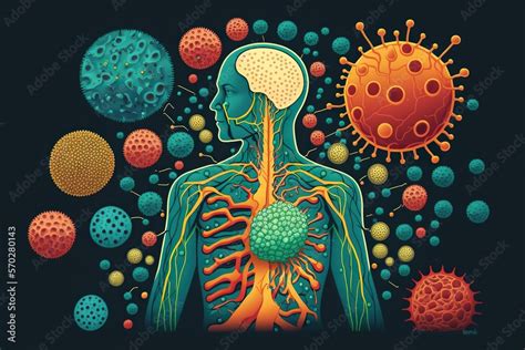 Illustration Of Human Immune System With Colorful Cells Antibodies And