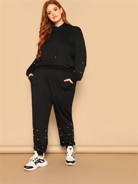 Shein Plus Pearl Beading Hoodie And Sweatpants Track Suit Tracksuit