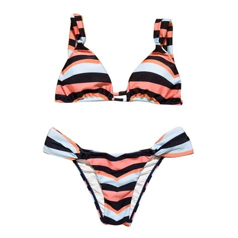 KLV Sexy Women Bikini Set Padded Swimwear Stripe Bathing Swimsuit