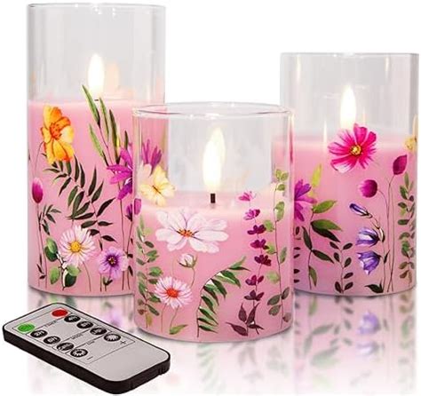 Eywamage Pink Floral Glass Flameless Candles With Remote Flickering