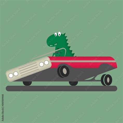 Cute cartoon dino rides a car. Dino rides in a lowrider. Design element for typography. Vector ...