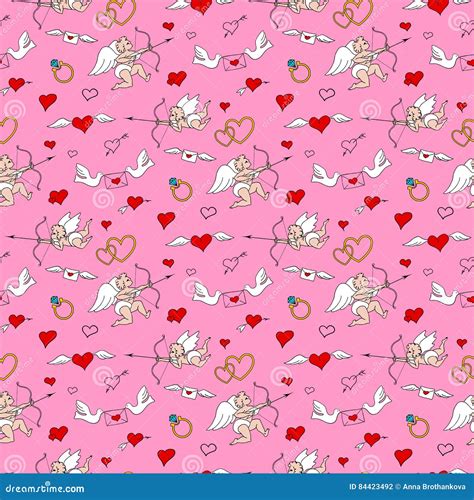 Valentines Day Seamless Pattern In Doodle Style Stock Vector