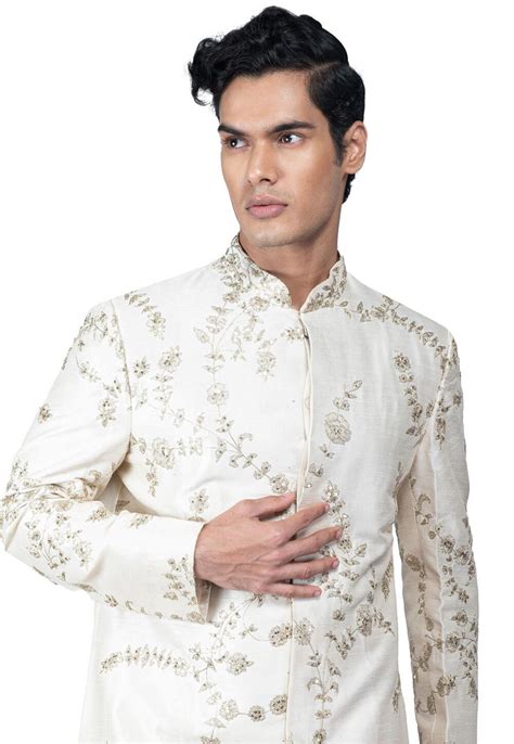 Buy Embroidered Dupion Silk Sherwani In Off White Online Mqt