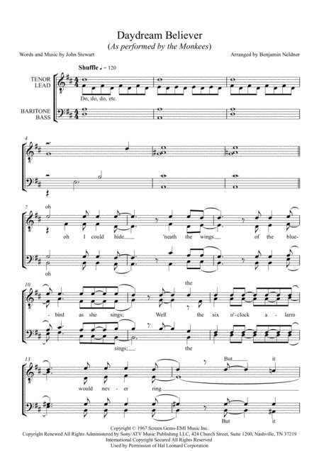 Daydream Believer Arr Benjamin Neldner By The Monkees Sheet Music For Ttbb Choir At Sheet