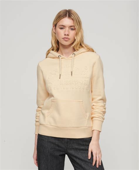 Womens - Embossed Vintage Logo Hoodie in Rice White | Superdry UK