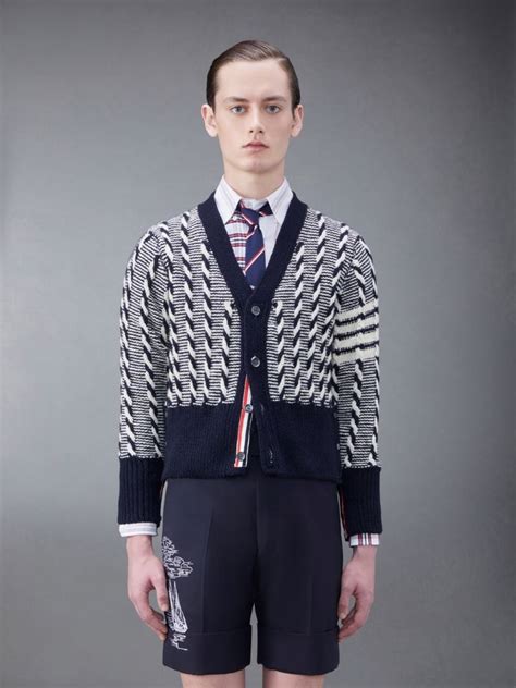 Donegal Bicolor Twist Cable Bar V Neck Cardigan Thom Browne