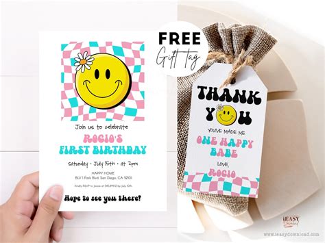 Pink Teal Smiley Face First Birthday One Happy Babe Editable Birthday Invitation For Girl With