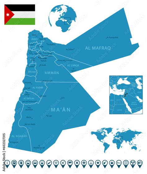 Jordan - detailed blue country map with cities, regions, location on ...