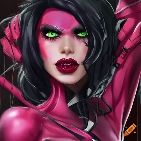 Close Up Of A Pink Widow Spider Woman With Black Hair And Green Eyes On