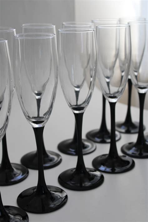 Set Of 12 Ebony Black Stem Crystal Flute Champagne Glasses Vintage