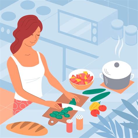 Una mujer joven prepara una cena casera en la cocina ilustración de