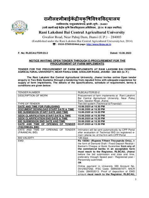 Fillable Online Rani Lakshmi Bai Central Agricultural University