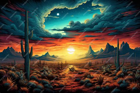 Premium AI Image | A painting of a desert with a sunset in the background.