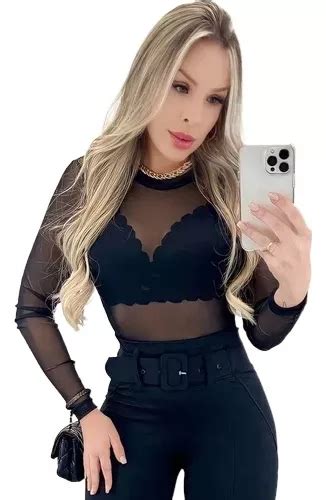 Body Tule Transparente Balada Preto Blusa Manga Longa Frete Gr Tis