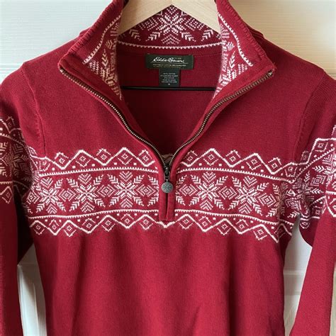 Eddie Bauer Sweater Fair Isle Red White Snowflake Siz Gem