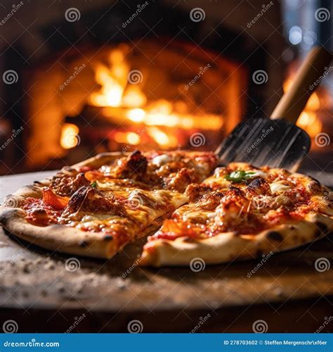 Sizzling Neapolitan Pizza On Wood Fired Peel At Night Stock