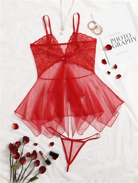 Pure Desire Contrast Lace Sheer Mesh Babydoll Sexy Lingerie Dress With Thong Shein Usa