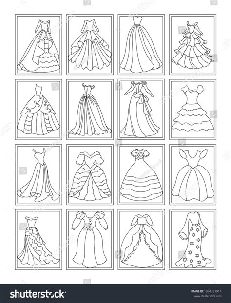 Pack Princess Dress Coloring Pages Stock Vector Royalty Free