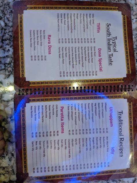 Menu at Saravana Bhavan, Kochi, Kadathukulam Buildings