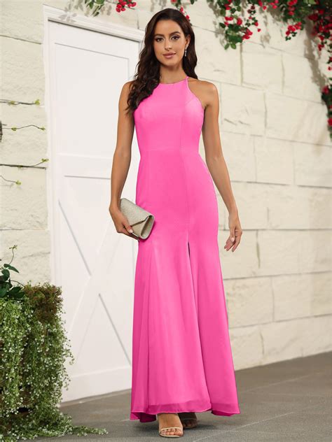Simple Halter Chiffon Split Floor Length Bridesmaid Dresses